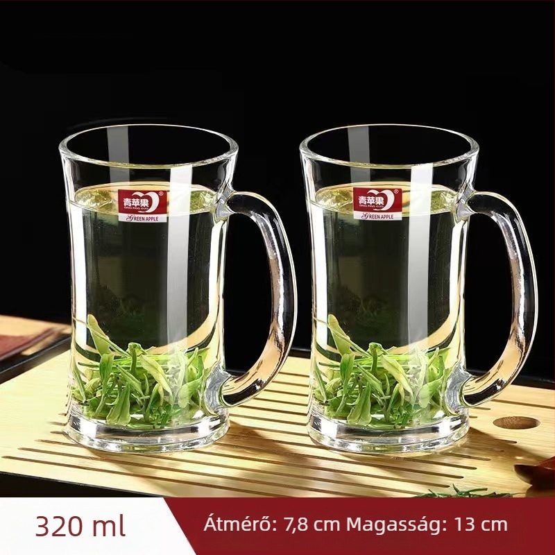 Hőálló vastag üveg teás pohár fogantyúval, kínai stílusú, fedéllel