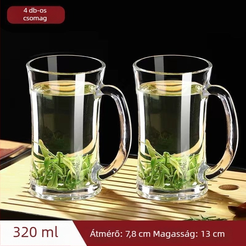 Hőálló vastag üveg teás pohár fogantyúval, kínai stílusú, fedéllel