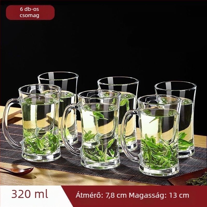 Hőálló vastag üveg teás pohár fogantyúval, kínai stílusú, fedéllel