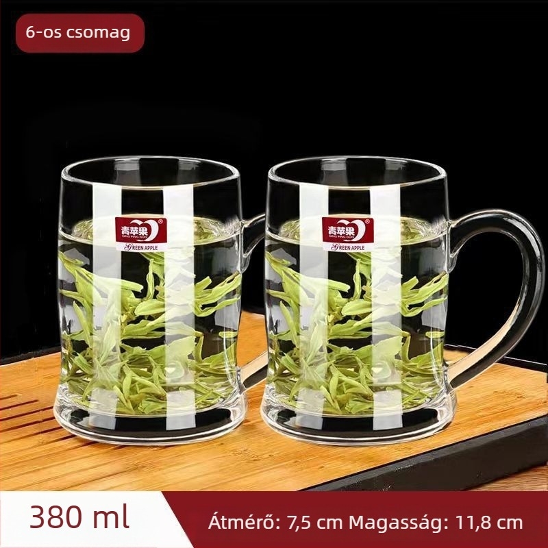 Hőálló vastag üveg teás pohár fogantyúval, kínai stílusú, fedéllel
