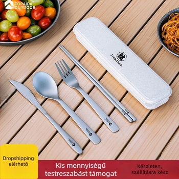 Titánium kemping étkészlet – 4 darab: kés, villa, kanál és evőpálcikák; hordozható, kültéri stílus
