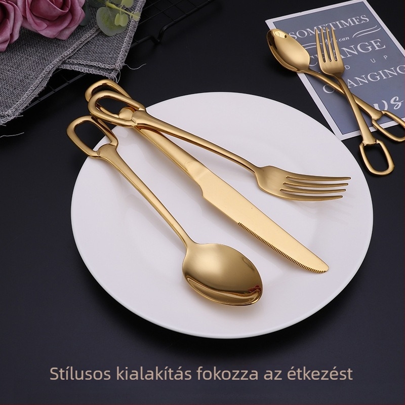 5 részes étkészlet 304 rozsdamentes acélból, gyűrűs nyele és akasztónyílással, tükörfényes felülettel, nyugati stílus