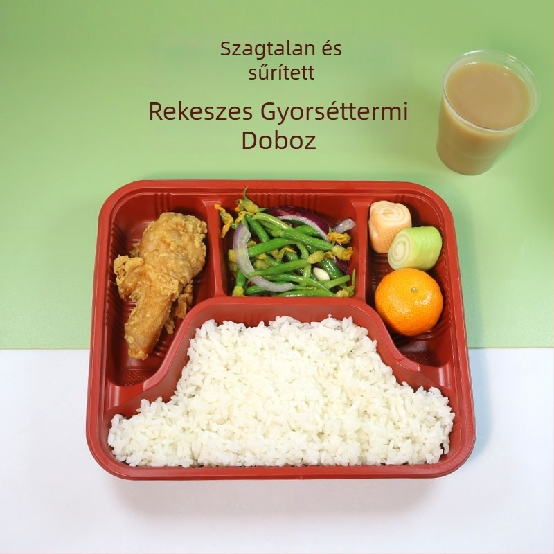 Négy- vagy öt rekeszes egyszer használatos ebédes doboz, élelmiszer-biztonságú vastag műanyagból, téglalap alakú kiszerelés