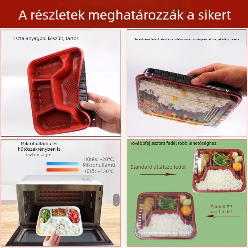 Négy- vagy öt rekeszes egyszer használatos ebédes doboz, élelmiszer-biztonságú vastag műanyagból, téglalap alakú kiszerelés