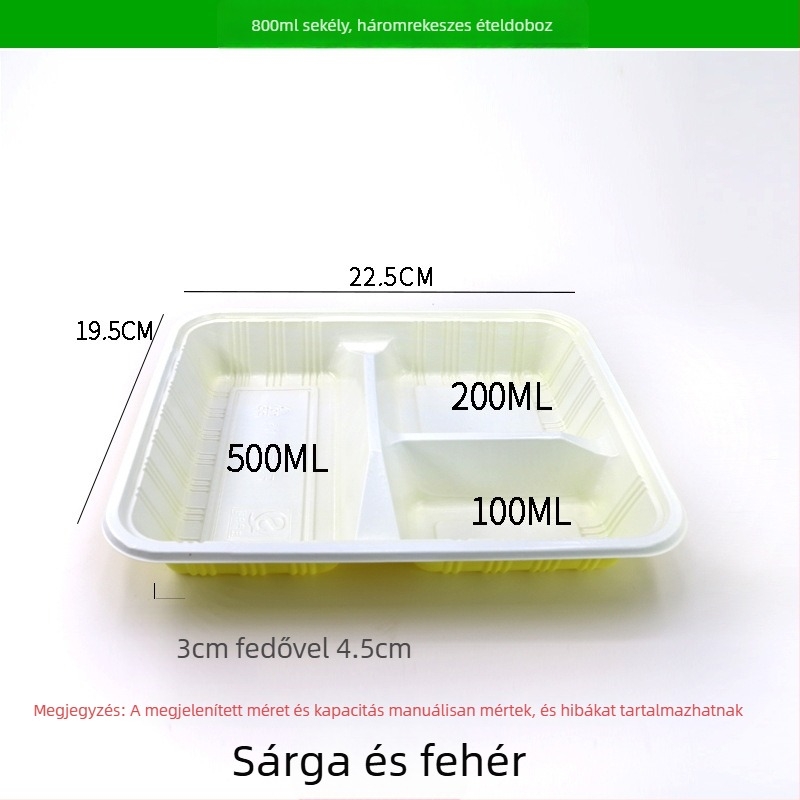 Négy- vagy öt rekeszes egyszer használatos ebédes doboz, élelmiszer-biztonságú vastag műanyagból, téglalap alakú kiszerelés