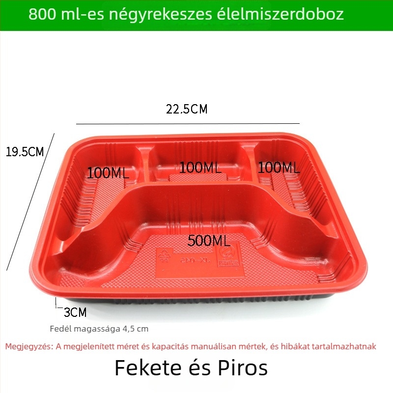 Négy- vagy öt rekeszes egyszer használatos ebédes doboz, élelmiszer-biztonságú vastag műanyagból, téglalap alakú kiszerelés