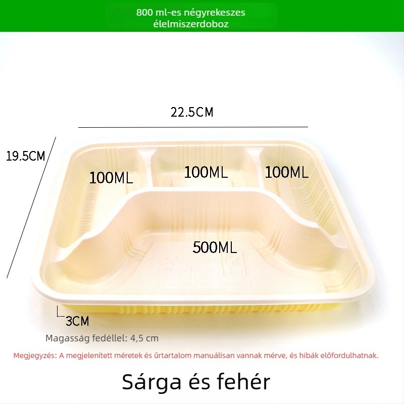 Négy- vagy öt rekeszes egyszer használatos ebédes doboz, élelmiszer-biztonságú vastag műanyagból, téglalap alakú kiszerelés