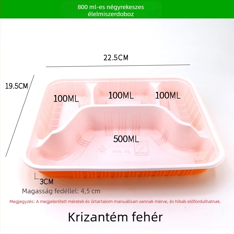 Négy- vagy öt rekeszes egyszer használatos ebédes doboz, élelmiszer-biztonságú vastag műanyagból, téglalap alakú kiszerelés
