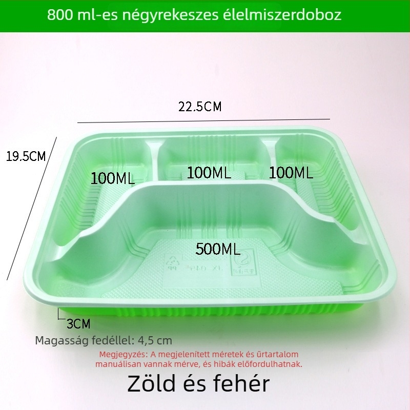 Négy- vagy öt rekeszes egyszer használatos ebédes doboz, élelmiszer-biztonságú vastag műanyagból, téglalap alakú kiszerelés