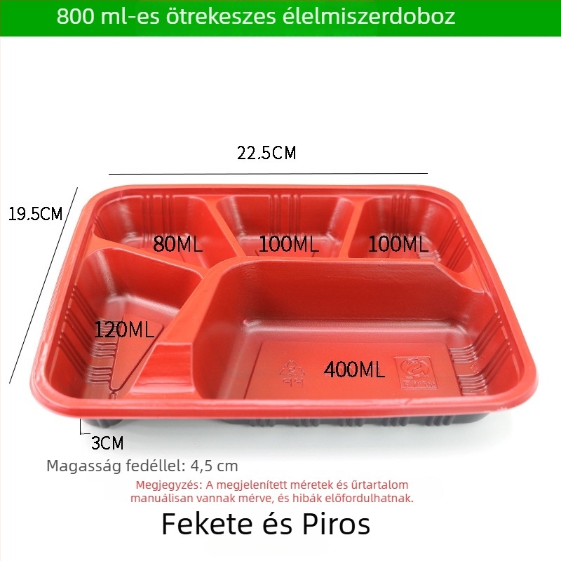 Négy- vagy öt rekeszes egyszer használatos ebédes doboz, élelmiszer-biztonságú vastag műanyagból, téglalap alakú kiszerelés