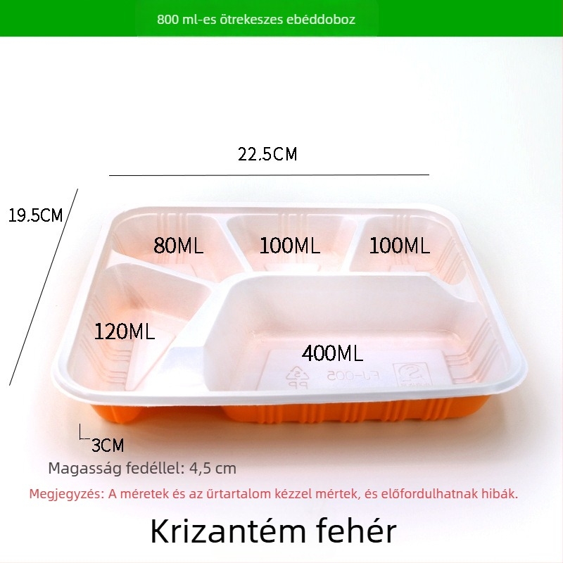 Négy- vagy öt rekeszes egyszer használatos ebédes doboz, élelmiszer-biztonságú vastag műanyagból, téglalap alakú kiszerelés