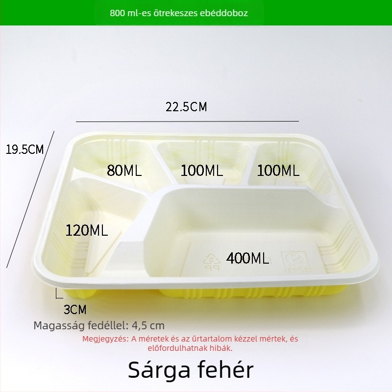 Négy- vagy öt rekeszes egyszer használatos ebédes doboz, élelmiszer-biztonságú vastag műanyagból, téglalap alakú kiszerelés