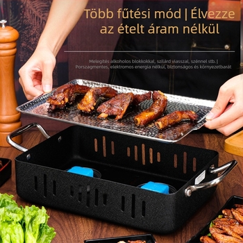 Halgrill, rozsdamentes acélból, négyszögletes, füstmentes faszenes grill, hordozható, könnyen tisztítható