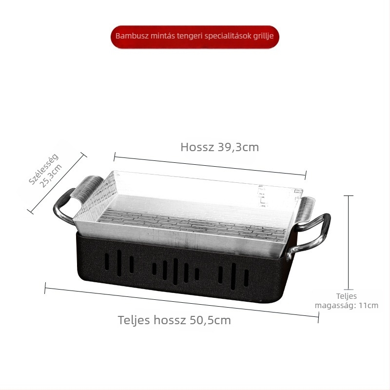 Halgrill, rozsdamentes acélból, négyszögletes, füstmentes faszenes grill, hordozható, könnyen tisztítható