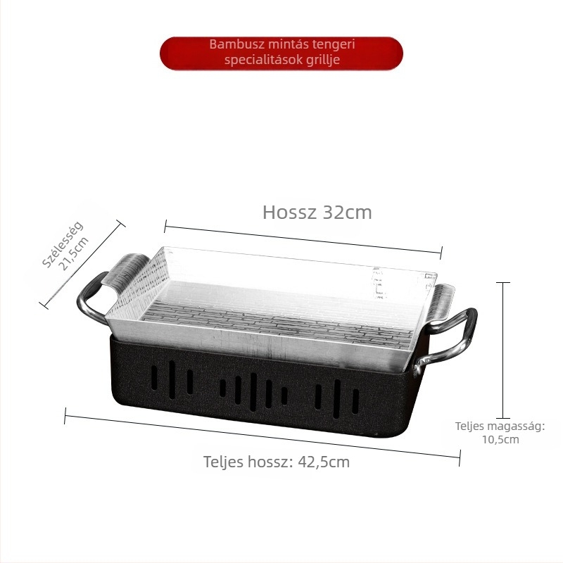 Halgrill, rozsdamentes acélból, négyszögletes, füstmentes faszenes grill, hordozható, könnyen tisztítható