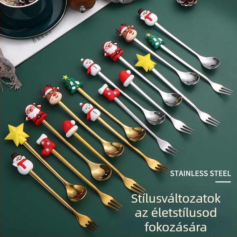 Hóember motívumos kanál- és villakészlet, tükrös rozsdamentes acélból, desszertkészlet, aranyos design