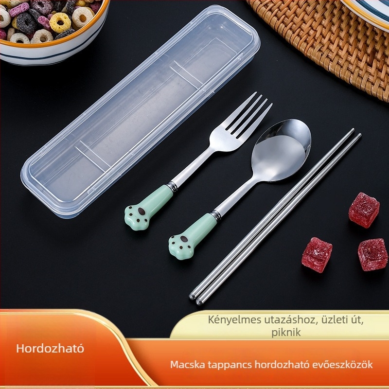 Rozsdamentes acél evőeszköz készlet macska tappancs dizájnnal: kanál, villa és chopsticks, 3 részes, gyermekek számára hordozható