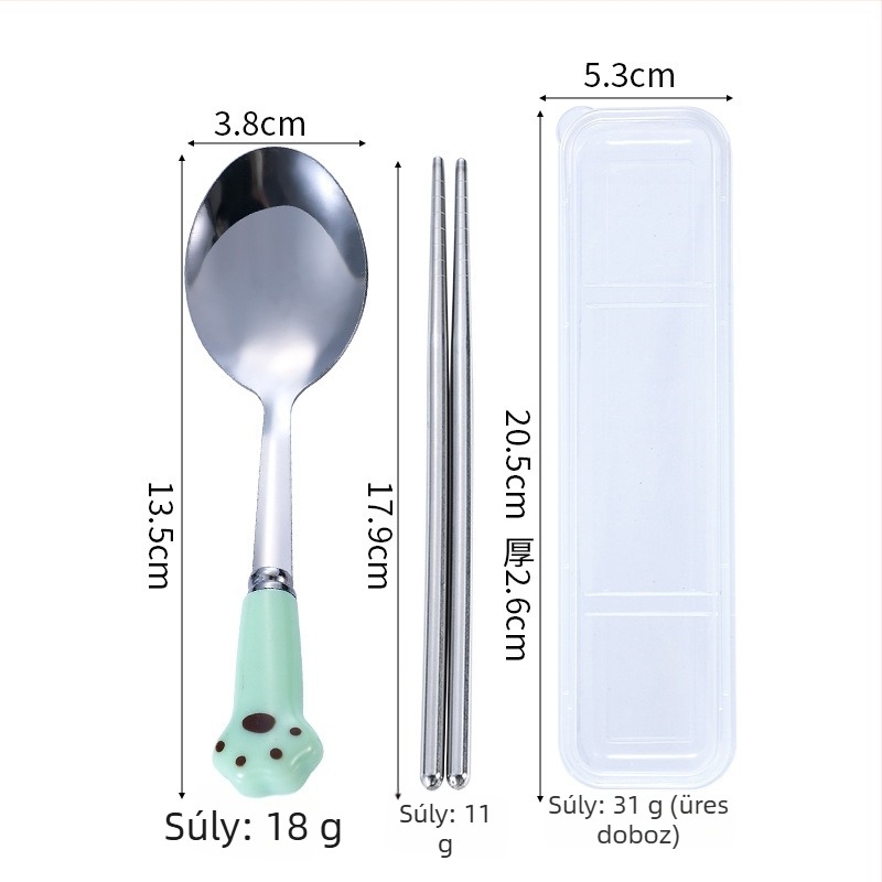 Rozsdamentes acél evőeszköz készlet macska tappancs dizájnnal: kanál, villa és chopsticks, 3 részes, gyermekek számára hordozható