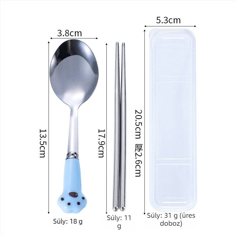 Rozsdamentes acél evőeszköz készlet macska tappancs dizájnnal: kanál, villa és chopsticks, 3 részes, gyermekek számára hordozható