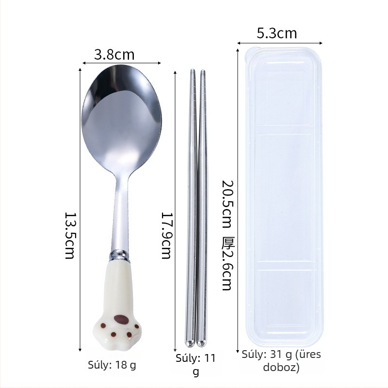 Rozsdamentes acél evőeszköz készlet macska tappancs dizájnnal: kanál, villa és chopsticks, 3 részes, gyermekek számára hordozható