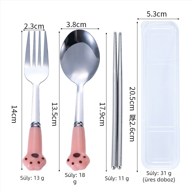 Rozsdamentes acél evőeszköz készlet macska tappancs dizájnnal: kanál, villa és chopsticks, 3 részes, gyermekek számára hordozható