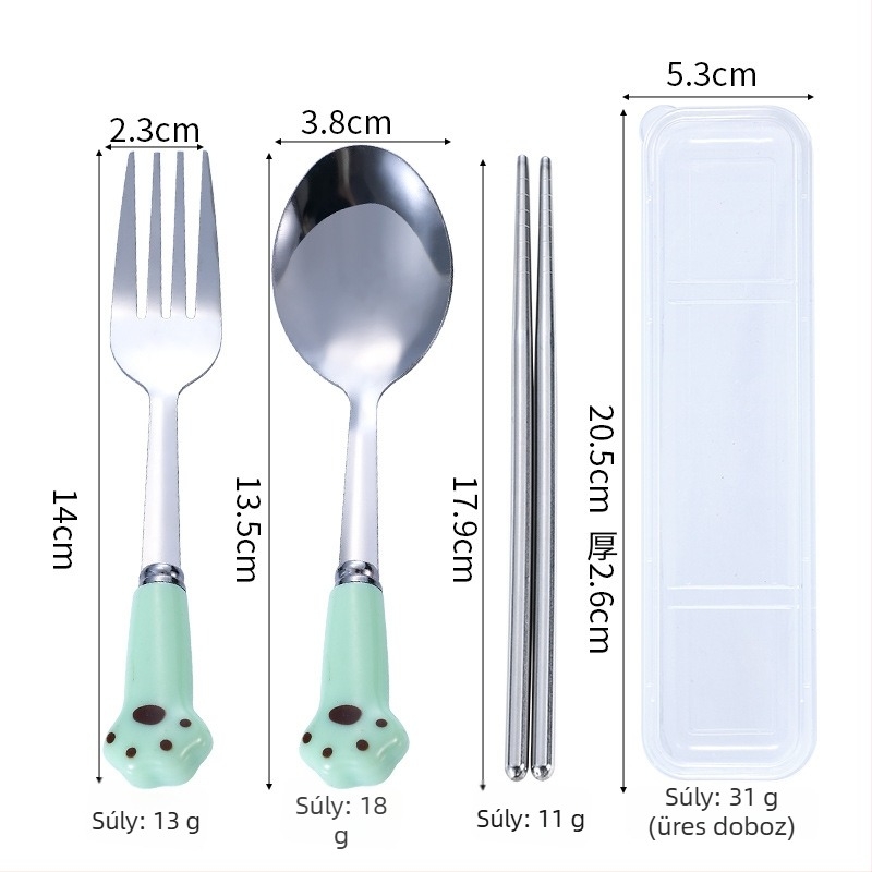 Rozsdamentes acél evőeszköz készlet macska tappancs dizájnnal: kanál, villa és chopsticks, 3 részes, gyermekek számára hordozható