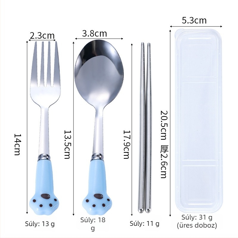 Rozsdamentes acél evőeszköz készlet macska tappancs dizájnnal: kanál, villa és chopsticks, 3 részes, gyermekek számára hordozható