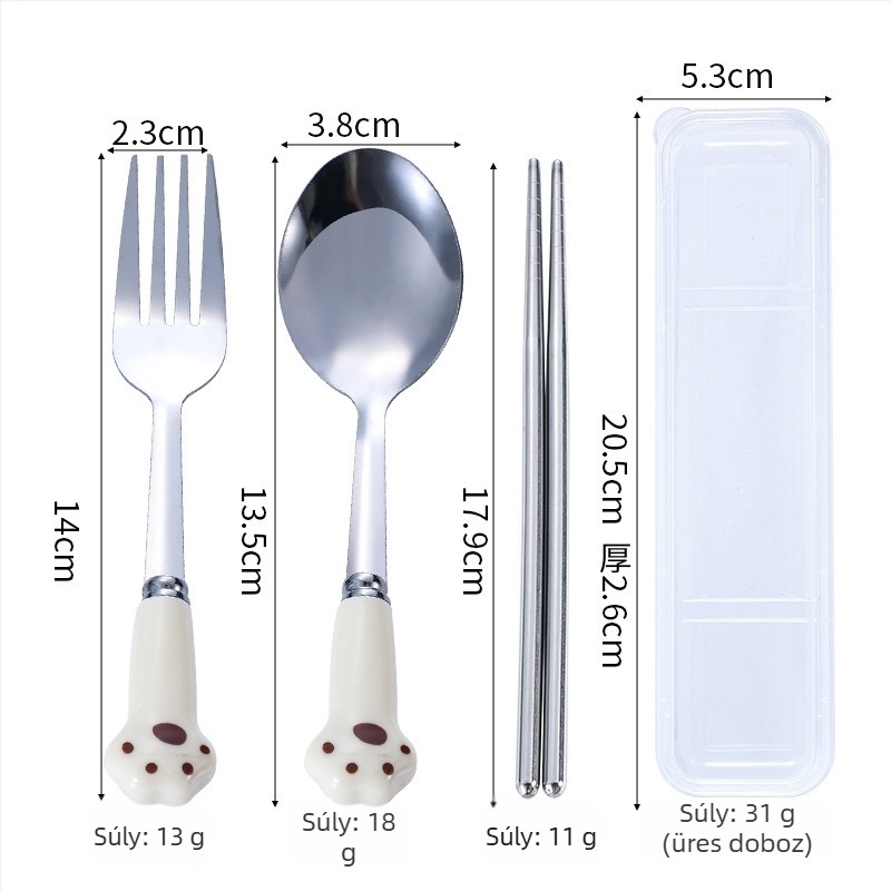 Rozsdamentes acél evőeszköz készlet macska tappancs dizájnnal: kanál, villa és chopsticks, 3 részes, gyermekek számára hordozható