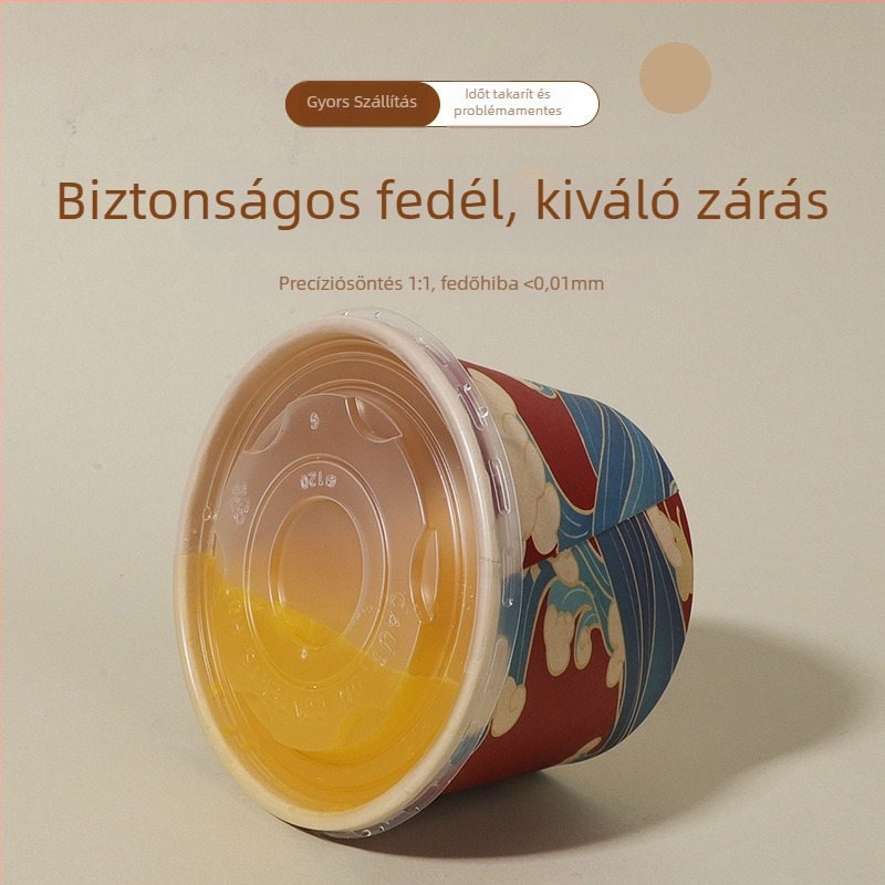 Egyszer használatos papírtál fedővel, megerősített kerek forma, nyomtatott logó, testreszabható feldolgozás