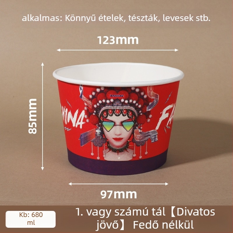 Egyszer használatos papírtál fedővel, megerősített kerek forma, nyomtatott logó, testreszabható feldolgozás