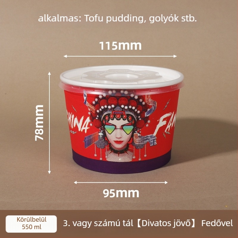 Egyszer használatos papírtál fedővel, megerősített kerek forma, nyomtatott logó, testreszabható feldolgozás