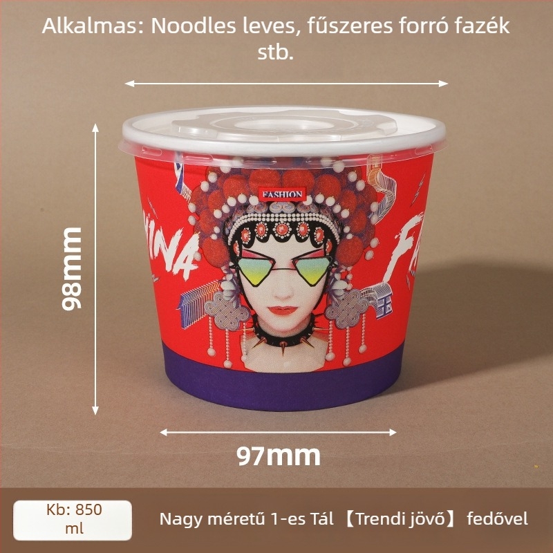 Egyszer használatos papírtál fedővel, megerősített kerek forma, nyomtatott logó, testreszabható feldolgozás