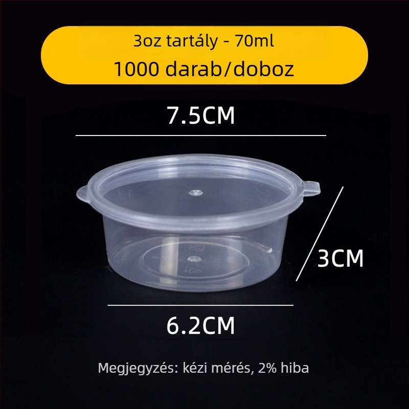 Egyszer használatos szósz tál kapuval ételkiszállításhoz, kerek alakú, élelmiszer-minőségű PP, 1000 db, mikrohullámú sütőben is használható