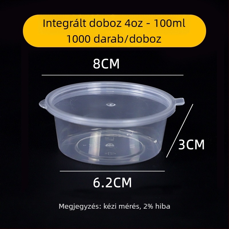 Egyszer használatos szósz tál kapuval ételkiszállításhoz, kerek alakú, élelmiszer-minőségű PP, 1000 db, mikrohullámú sütőben is használható