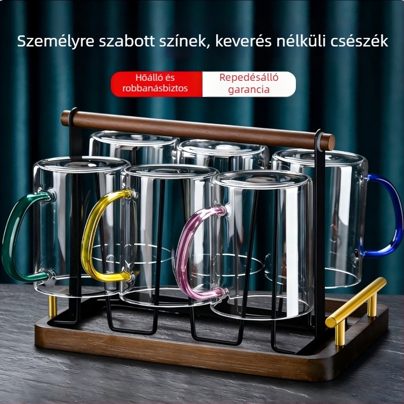 Fogantyús üvegpohár, hőálló, magas boroszilikátüvegből, kézzel fújt, hat darabos készlet