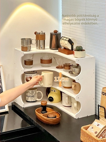 Sarokasztalhoz tervezett tároló állvány pohártartóval és étkezőszekrénnyel, modell H1259