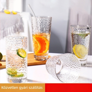 Szódalime üvegből készült vízivó pohár fa mintával és kalapált textúrával, kézzel faragott, egyrétegű, fogantyú nélküli, magas hőállóságú