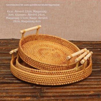 Kézzel fonott rattan gyümölcs- és kenyérkosár, skandináv egyszerű stílusú bambusz tálca