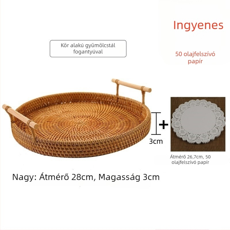 Kézzel fonott rattan gyümölcs- és kenyérkosár, skandináv egyszerű stílusú bambusz tálca