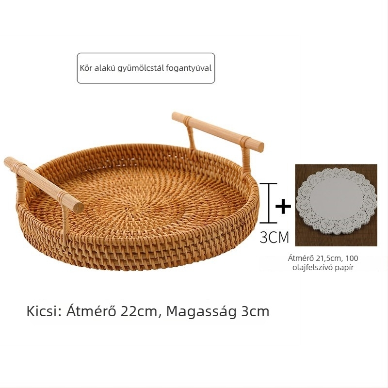 Kézzel fonott rattan gyümölcs- és kenyérkosár, skandináv egyszerű stílusú bambusz tálca