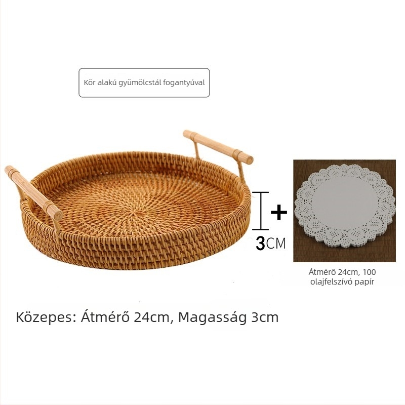 Kézzel fonott rattan gyümölcs- és kenyérkosár, skandináv egyszerű stílusú bambusz tálca