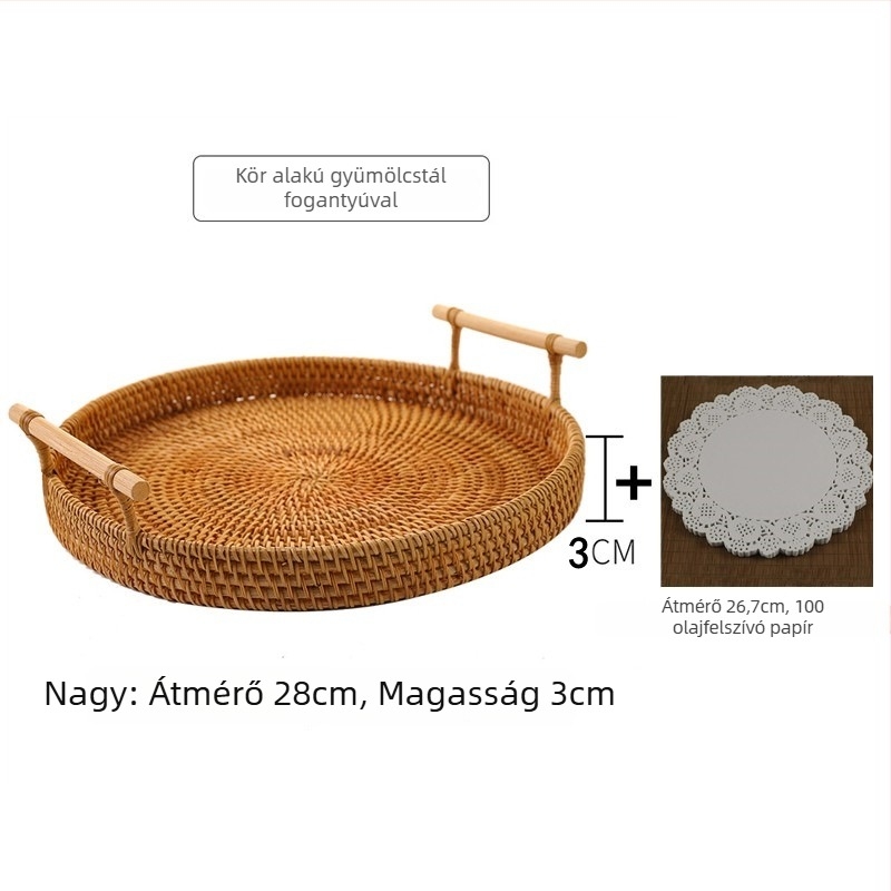 Kézzel fonott rattan gyümölcs- és kenyérkosár, skandináv egyszerű stílusú bambusz tálca