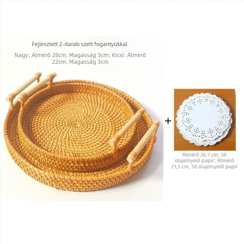 Kézzel fonott rattan gyümölcs- és kenyérkosár, skandináv egyszerű stílusú bambusz tálca