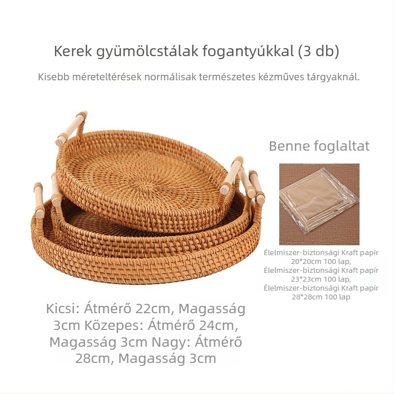 Kézzel fonott rattan gyümölcs- és kenyérkosár, skandináv egyszerű stílusú bambusz tálca