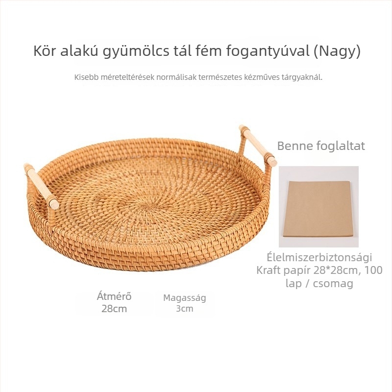 Kézzel fonott rattan gyümölcs- és kenyérkosár, skandináv egyszerű stílusú bambusz tálca