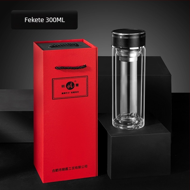 Mingxia dupla falú üvegpohár, minimalist design irodai és autós használatra, díszdobozos, boroszilikát üveg, csavaros fedél