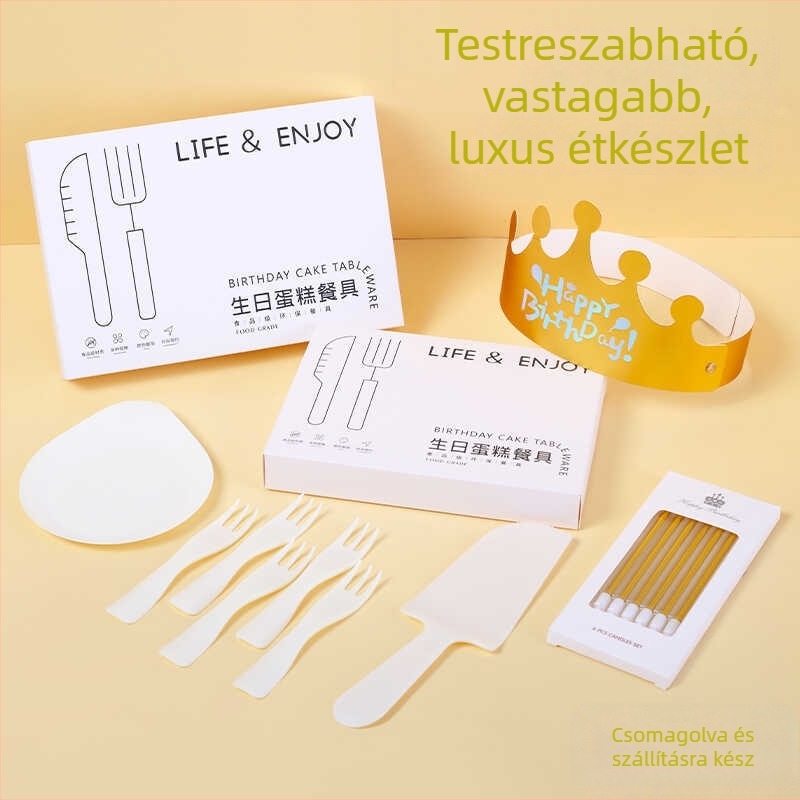 Egyszer használatos születésnapi étkészlet – kör alakú tányérok, élelmiszerbiztonságos műanyagból, kés és villa, dobozos csomagolás