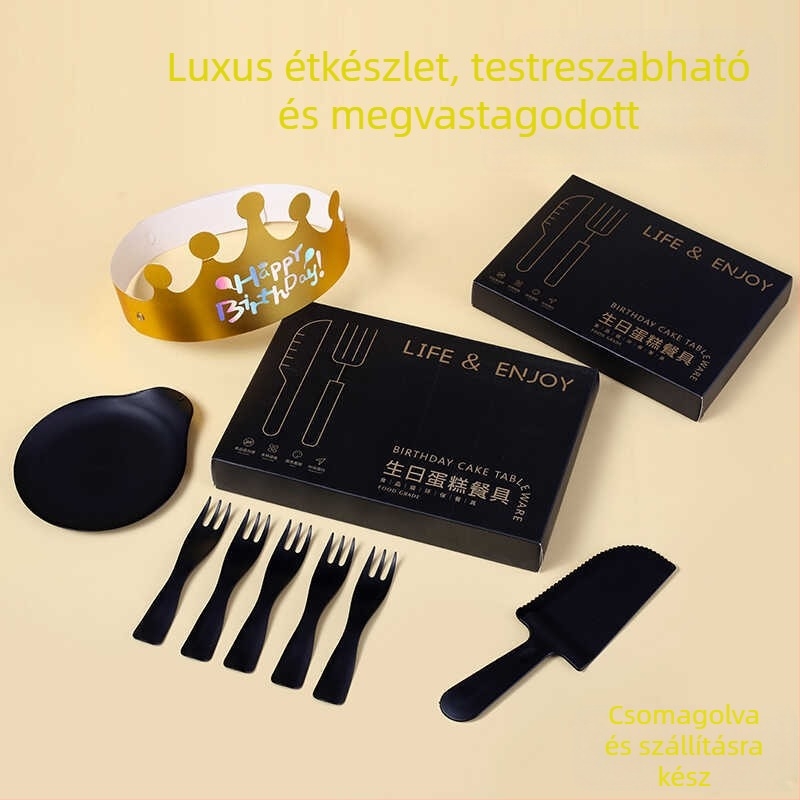 Egyszer használatos születésnapi étkészlet – kör alakú tányérok, élelmiszerbiztonságos műanyagból, kés és villa, dobozos csomagolás