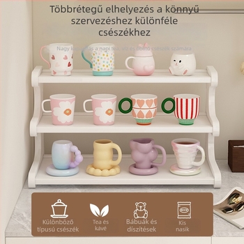 3‑szintes asztali pohár- és teáskészlet rendező, mozgatható, szétszerelhető, nedvességálló, Nanzhu anyagú, minimalist polc