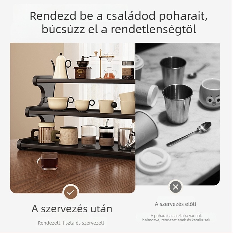 3‑szintes asztali pohár- és teáskészlet rendező, mozgatható, szétszerelhető, nedvességálló, Nanzhu anyagú, minimalist polc